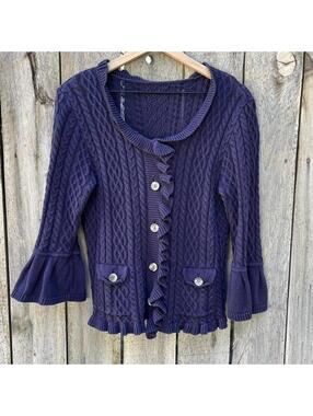 Navy Ruffle Cardigan M/L Medium Large Cotton Bell 3/4 Sleeve Pockets- No Tags